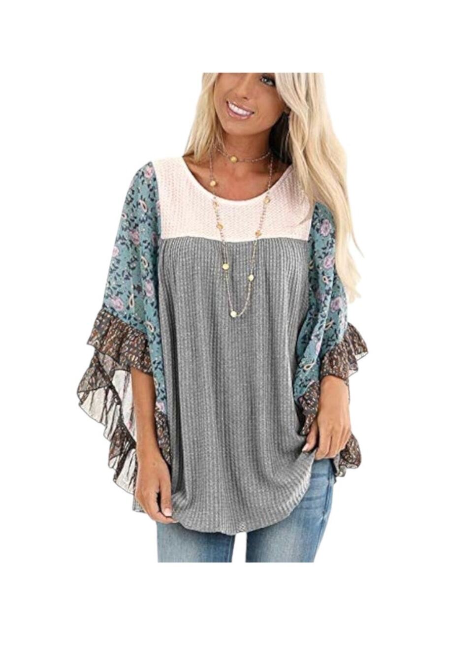 Women Chiffon Blouse Floral Batwing Ruffle Sleeve Chiffon Tops Size 3XL
